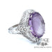 14 karat white gold antique amethyst cameo filigree ring, angled view