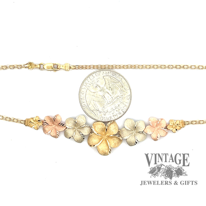 Flower tri color 14k gold necklace scale