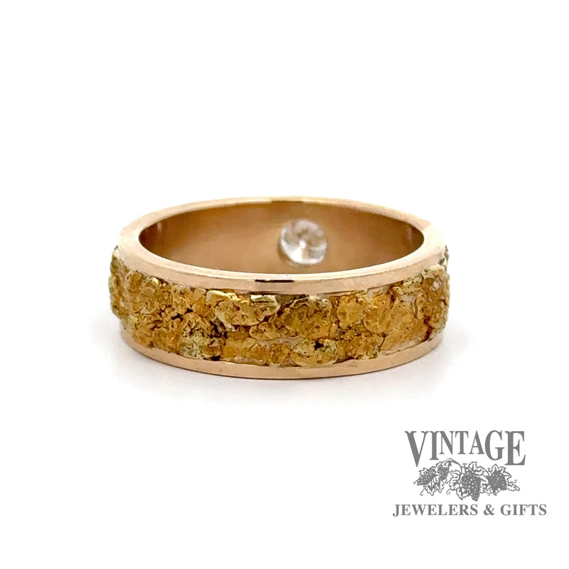14ky gold band with natural gold nugget inlay and diamond solitaire ring, back side