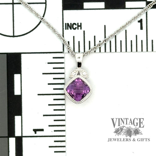 14kw gold cushion shaped amethyst and diamond necklace with scale