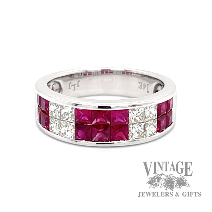 Ruby and diamond invisible set 14k white gold ring