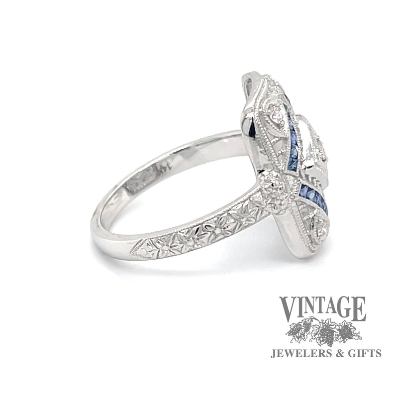 Vintage inspired sapphire and diamond 14kw gold ring side