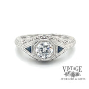 Sapphire and .70ct natural diamond filigree gallery 14kw gold ring