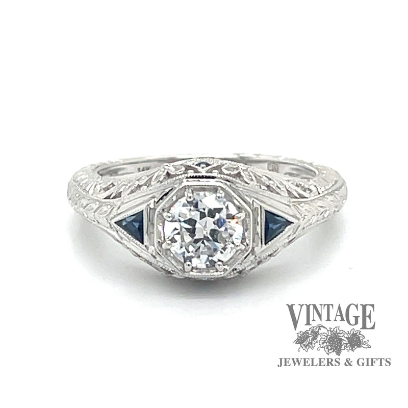 Sapphire and .70ct natural diamond filigree gallery 14kw gold ring