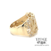 Fleur de lis diamond filigree 14ky gold ring side