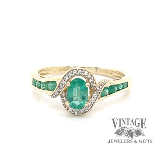 Emerald and diamond bypass 14k gold ring