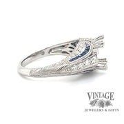 Vintage inspired platinum diamond and sapphire hand engraved ring side