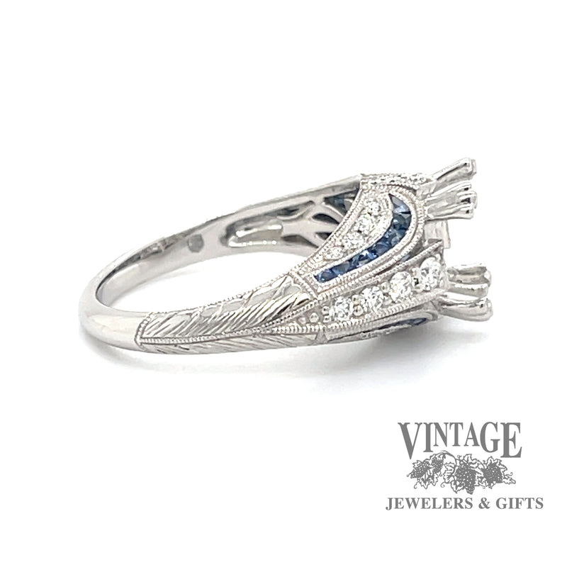 Vintage inspired platinum diamond and sapphire hand engraved ring side
