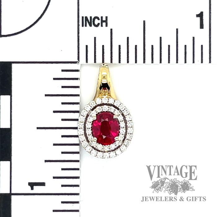 Ruby and diamond 18k gold halo pendant