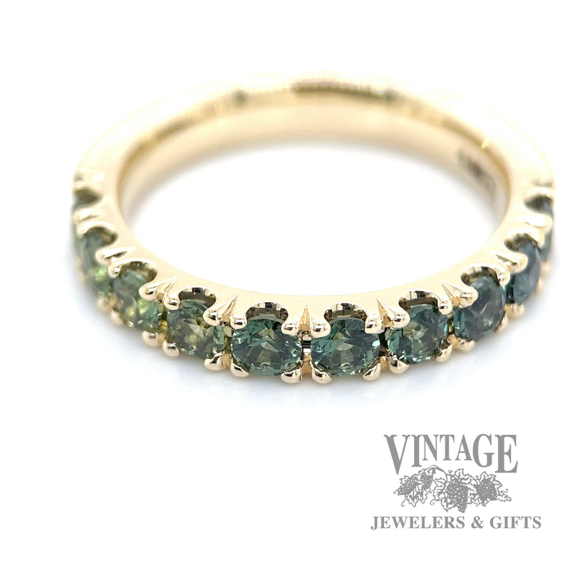 Ombré gradiant green/teal sapphire 14k gold ring band.