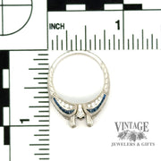 Vintage inspired platinum diamond and sapphire hand engraved ring scale