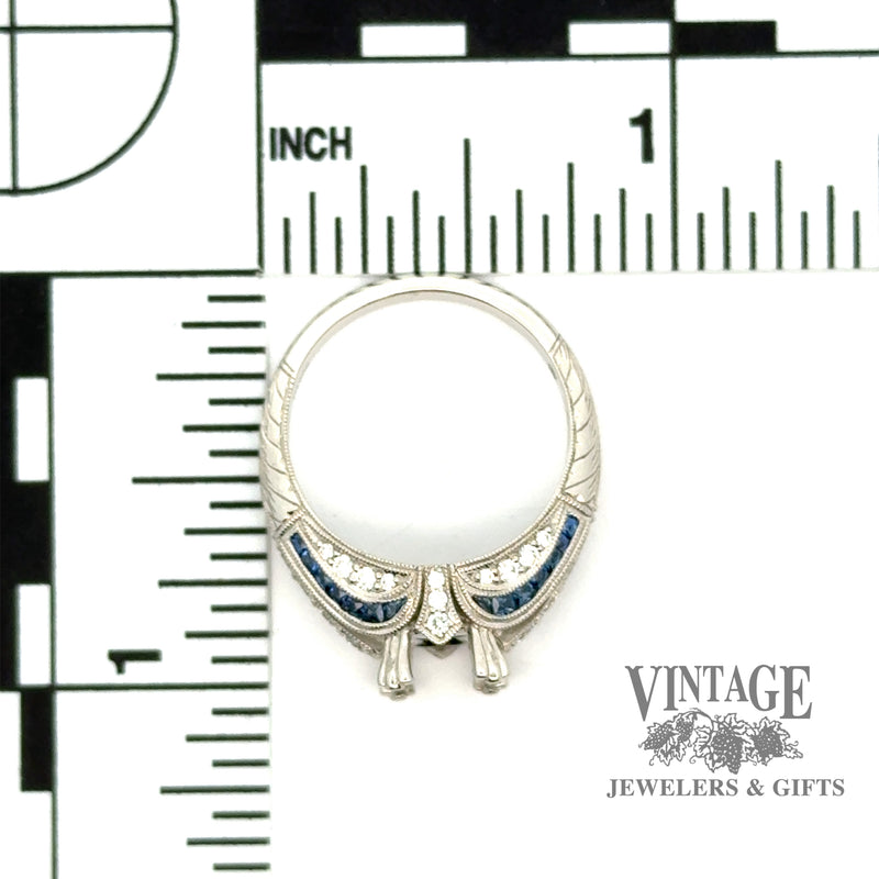 Vintage inspired platinum diamond and sapphire hand engraved ring scale