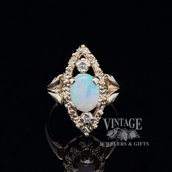 14 karat yellow gold natural opal and diamond navette ring