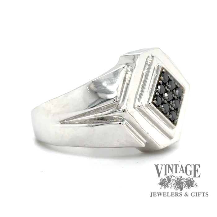 14 karat white gold black diamond geometric signet ring, angled view