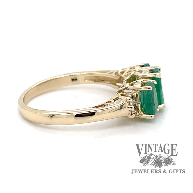 Three stone emerald and diamond 14ky ring side