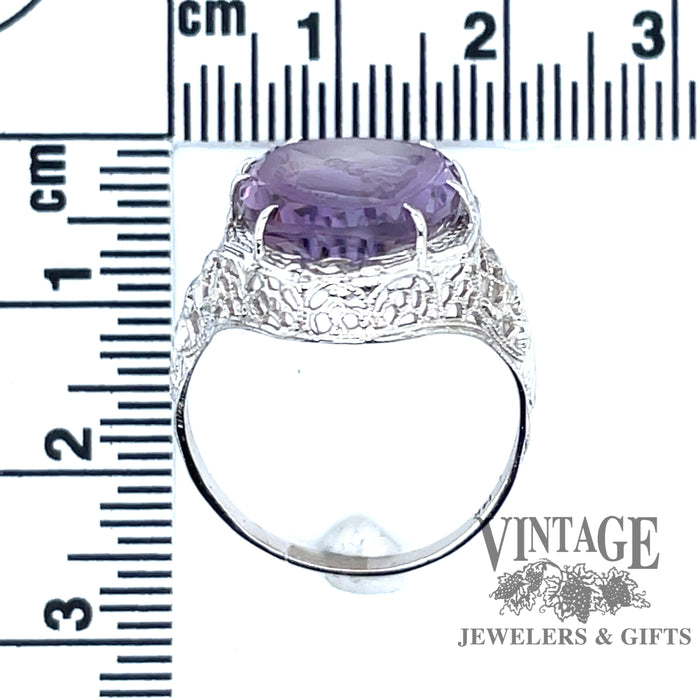 14 karat white gold antique amethyst cameo filigree ring, side view with measurements