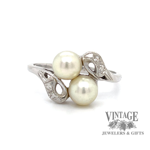 Vintage 14k white gold 2 pearl bypass ring