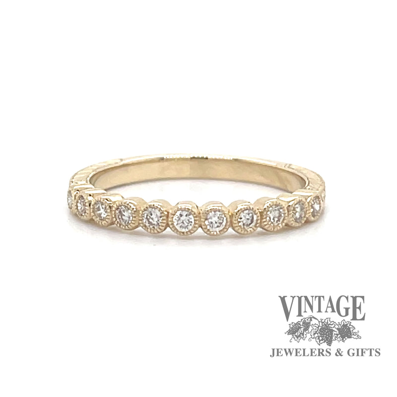 Bezel set diamond bubble 14ky gold hand engraved ring