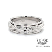 Embossed scroll 14KW gold ring band side