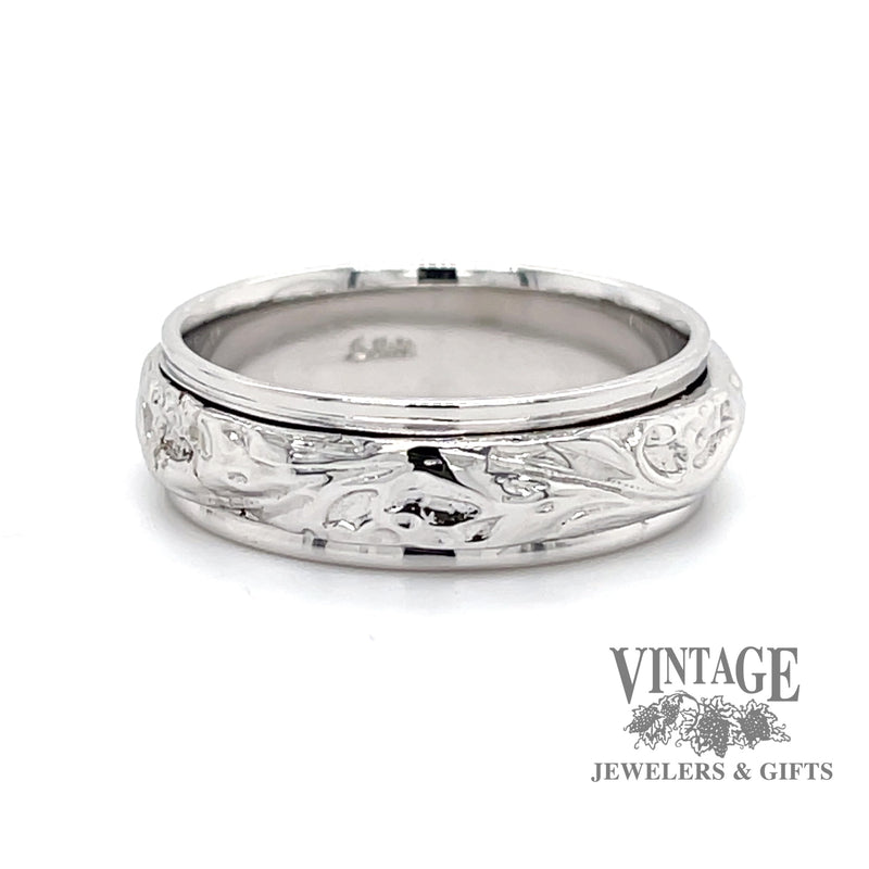 Embossed scroll 14KW gold ring band side