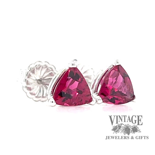 Pink tourmaline 1.5 ctw trillion 14kw gold stud earrings angle