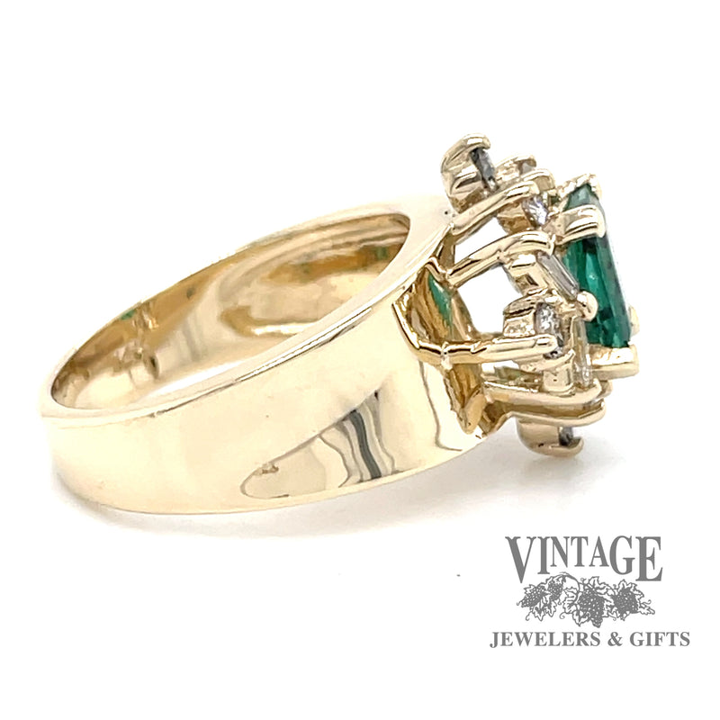 Emerald and diamond 14ky gold tapered ring side