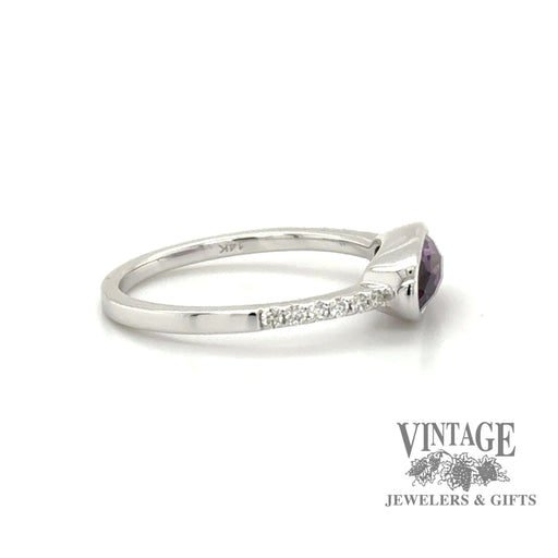 Elonaged oval amethyst and diamond east west 14kw gold ring side