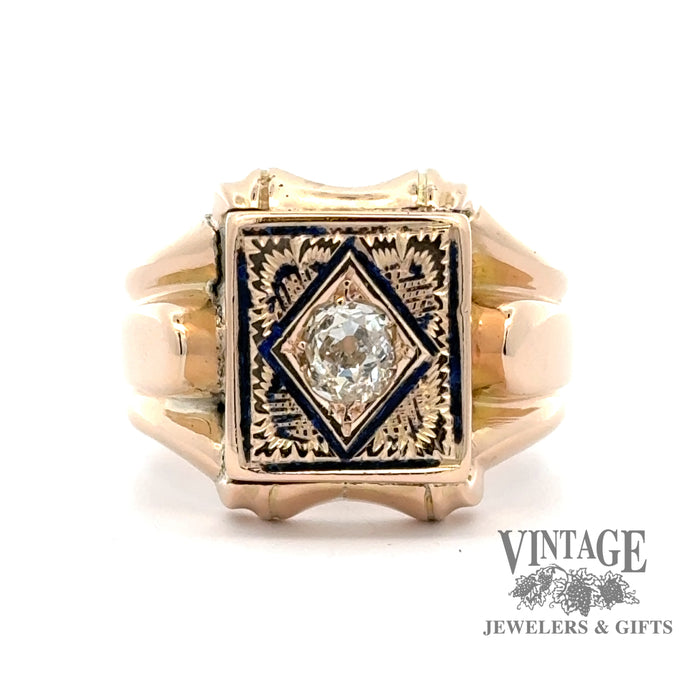14ky gold antique hand engraved diamond signet ring