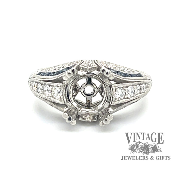 Vintage inspired platinum diamond and sapphire hand engraved ring