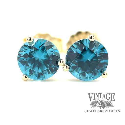 2.35 CTW 6 mm round natural blue zircon 14ky gold martini stud earrings