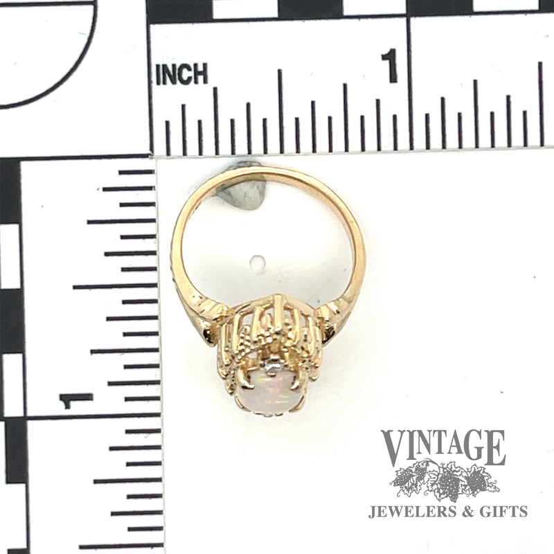 14 karat yellow gold natural opal and diamond navette ring with scale