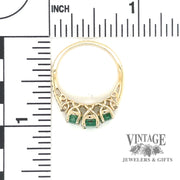 Three stone emerald and diamond 14ky ring scale