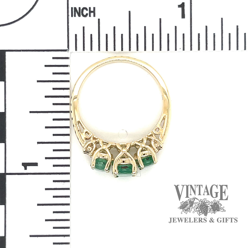 Three stone emerald and diamond 14ky ring scale