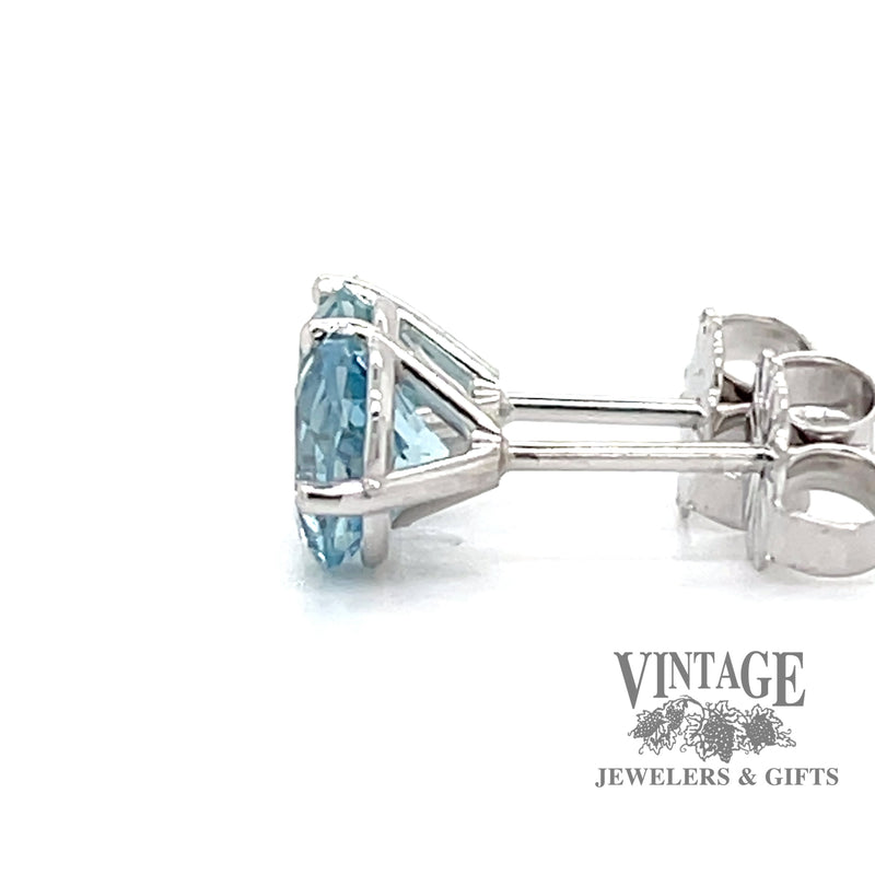 1.42ctw round natural aquamarine 14KW gold martini studs. side