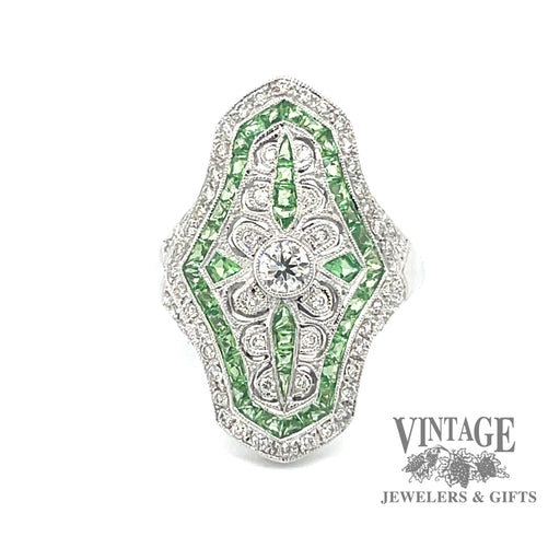 Vintage inspired diamond and tsavorite 14kw gold ring