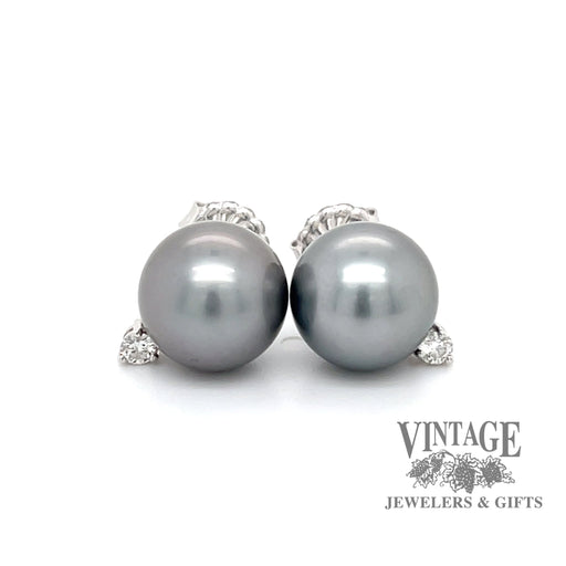 11 mm Black Tahitian pearl and diamond 18k white gold stud earrings.