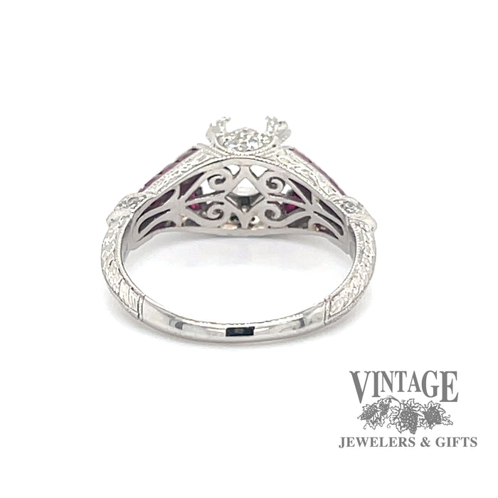 Platinum vintage inspired ruby and diamond hand engraved ring back