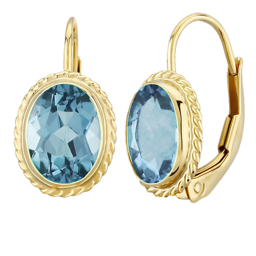 14 karat yellow gold oval 8x6mm blue topaz lever back pierced drop earrings