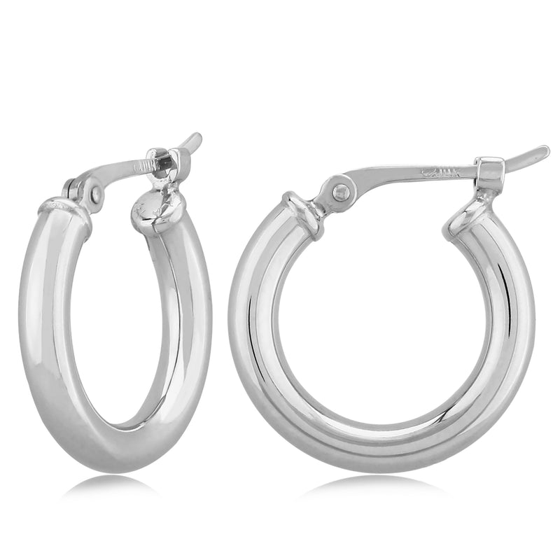 Small 14 karat white gold polished tube pierced hoop earrings