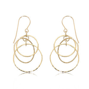14 karat yellow gold triple connected dangling circle pierced earrings with hammered finish