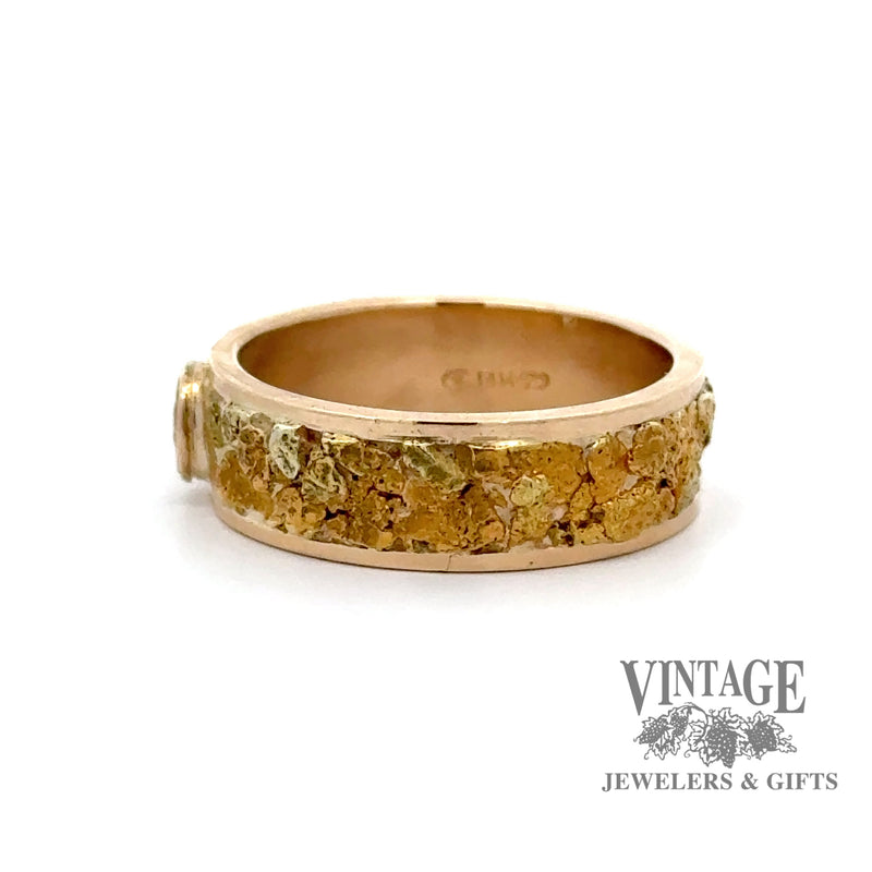 14ky gold band with natural gold nugget inlay and diamond solitaire ring, side view