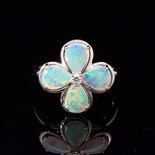 Front Crystal opal and diamond 14kw gold petal shaped ring