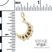 Crescent shaped 14k gold and opal pendant side back and dimensions