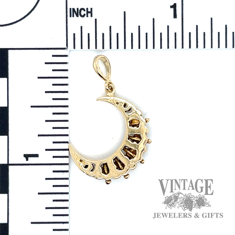 Crescent shaped 14k gold and opal pendant side back and dimensions