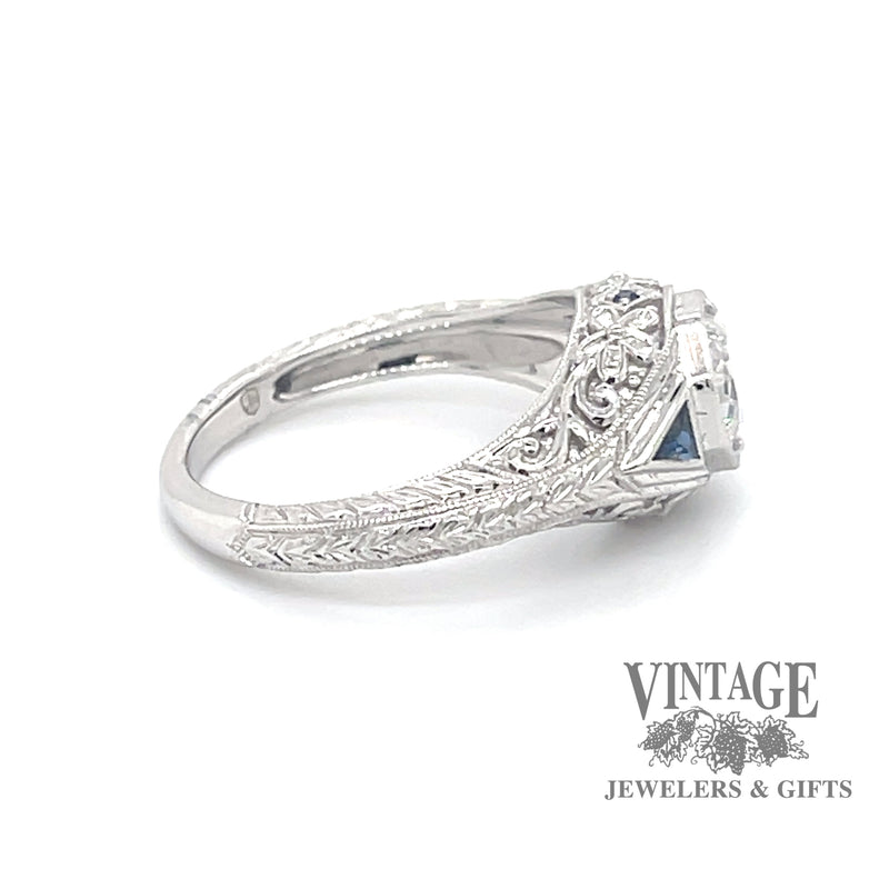 Sapphire and .70ct natural diamond filigree gallery 14kw gold ring side