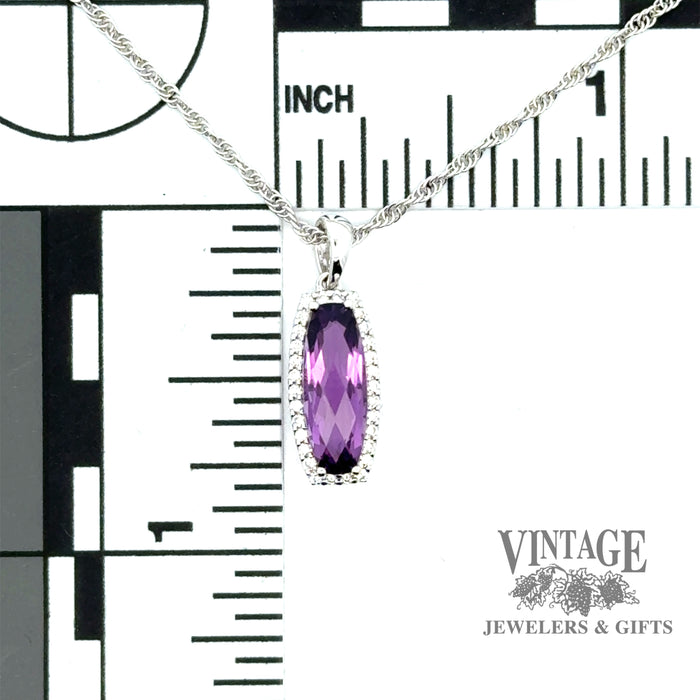 14kw gold elongated amethyst and diamond halo necklace with scale