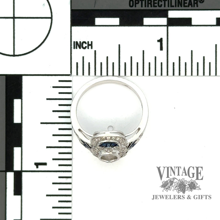 Elongated oval diamond and caliber cut sappire 14kw gold ring scale