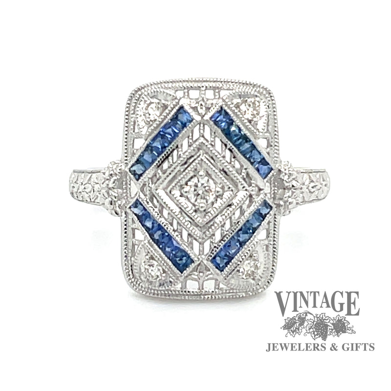 Vintage inspired sapphire and diamond 14kw gold ring