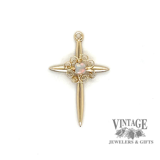 Opal 14k gold filigree cross pendant