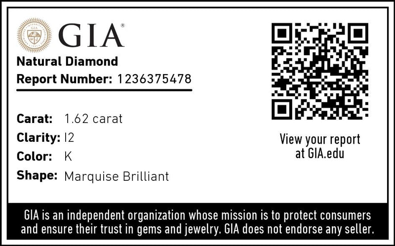 1.62 carat, marquise shape, K color, I1 clarity, natural diamond, GIA graded